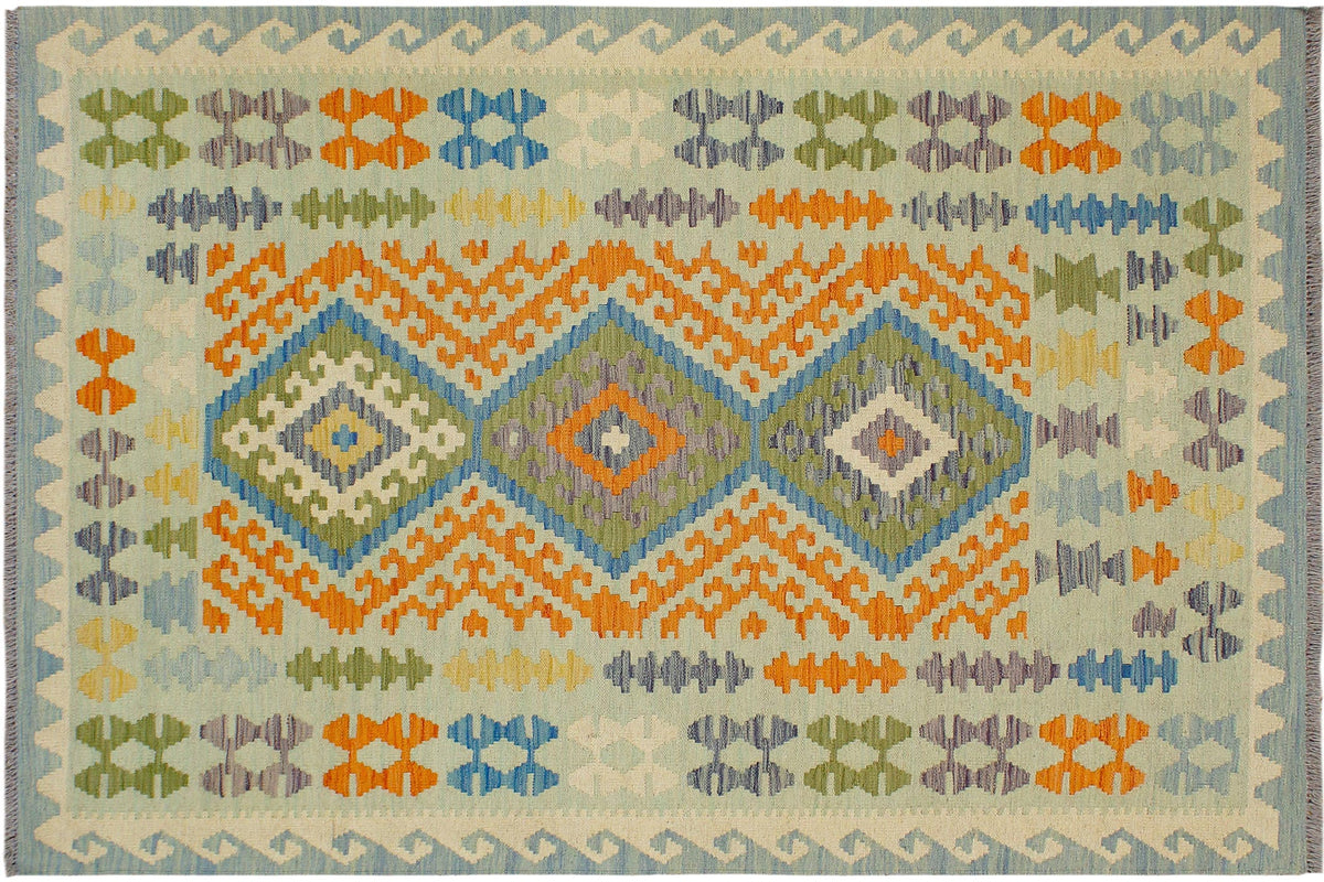 handmade Geometric Kilim Blue Orange Hand-Woven RECTANGLE 100% WOOL area rug 5x6