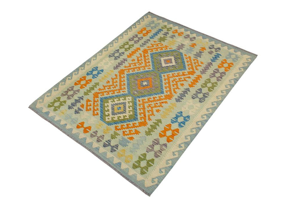 Flat Weave Kilim Antique Navaho Vintage handmade Geometric Kilim Blue Orange Hand-Woven Rectangle 100% Wool Area Rug 5x6 