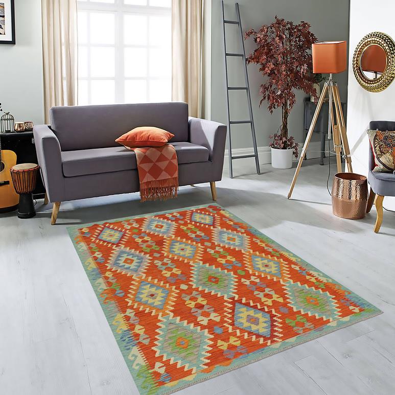 Flat Weave Kilim Antique Navaho Vintage handmade Modern Kilim Rust Blue Hand-Woven Rectangle 100% Wool Area Rug 5x7 