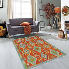 Flat Weave Kilim Antique Navaho Vintage handmade Modern Kilim Rust Blue Hand-Woven Rectangle 100% Wool Area Rug 5x7 