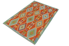 Flat Weave Kilim Antique Navaho Vintage handmade Modern Kilim Rust Blue Hand-Woven Rectangle 100% Wool Area Rug 5x7 