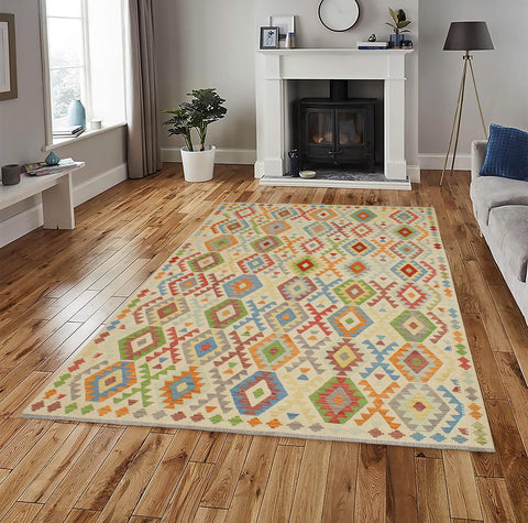 handmade Geometric Kilim Beige Red Hand-Woven RECTANGLE 100% WOOL area rug 7 x 10