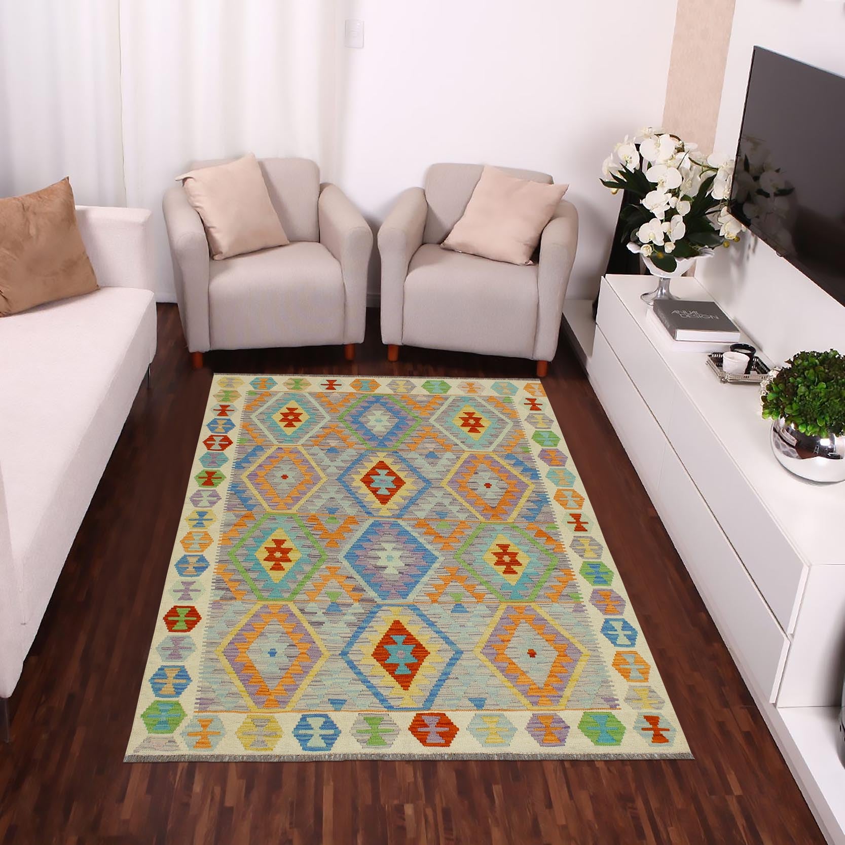 handmade Geometric Kilim Purple Beige Hand-Woven RECTANGLE 100% WOOL area rug 5 x 7