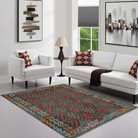 handmade Geometric Kilim Charcoal Red Hand-Woven RECTANGLE 100% WOOL area rug 6 x 8