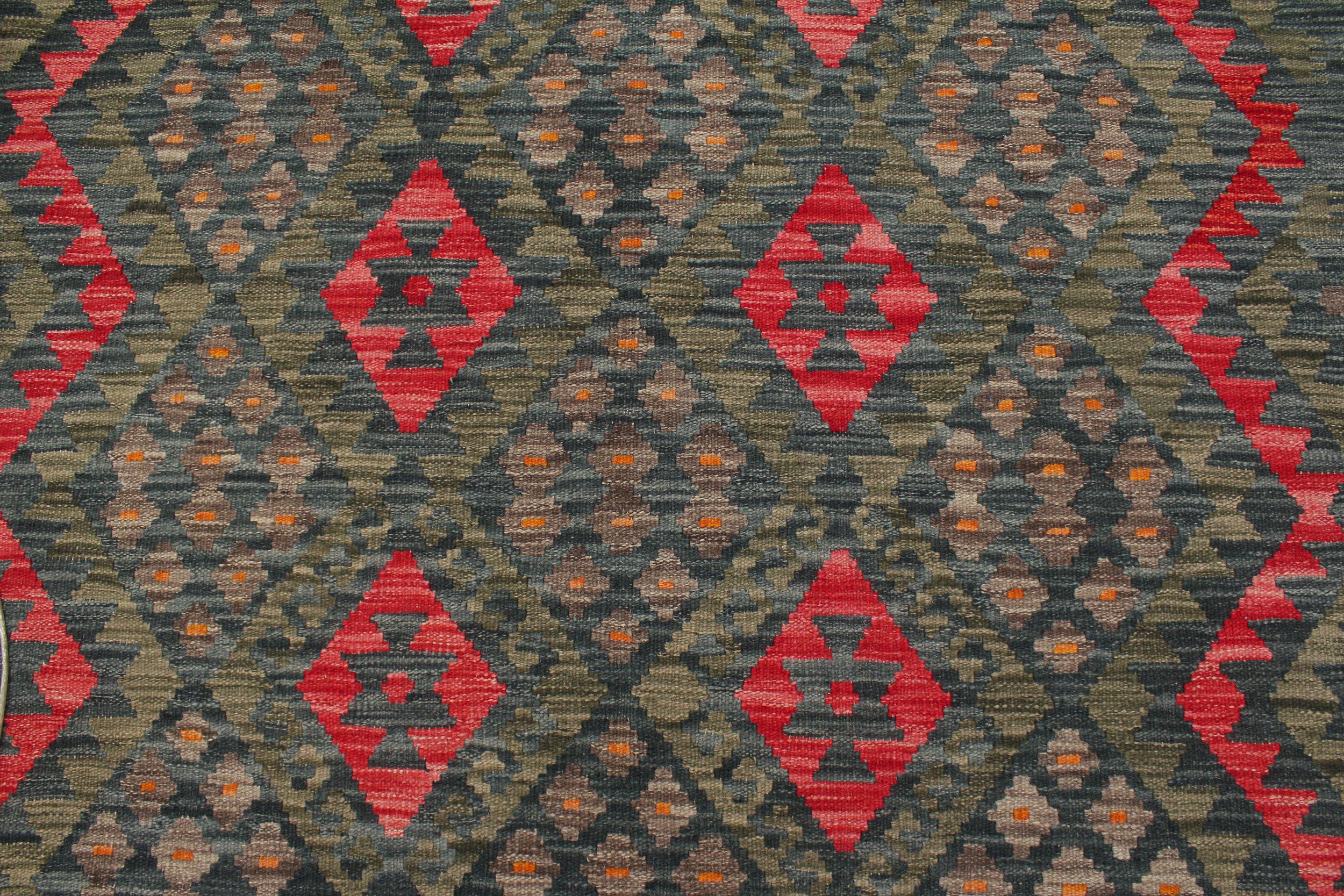 handmade Geometric Kilim Charcoal Red Hand-Woven RECTANGLE 100% WOOL area rug 6 x 8