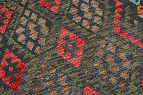 handmade Geometric Kilim Charcoal Red Hand-Woven RECTANGLE 100% WOOL area rug 6 x 8
