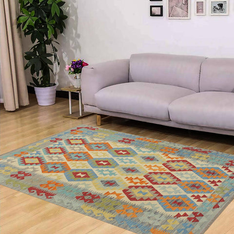 handmade Geometric Kilim Beige Gray Hand-Woven RECTANGLE 100% WOOL area rug 5 x 7
