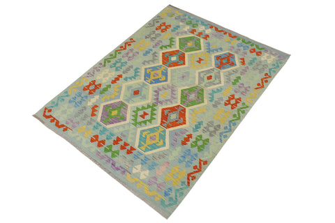 handmade Geometric Kilim Blue Rust Hand-Woven RECTANGLE 100% WOOL area rug 5 x 7