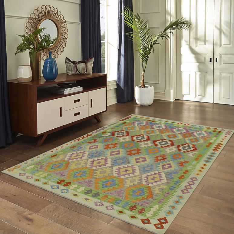 Flat Weave Kilim Antique Navaho Vintage handmade Geometric Kilim Purple Blue Hand-Woven Rectangle 100% Wool Area Rug 6x8 