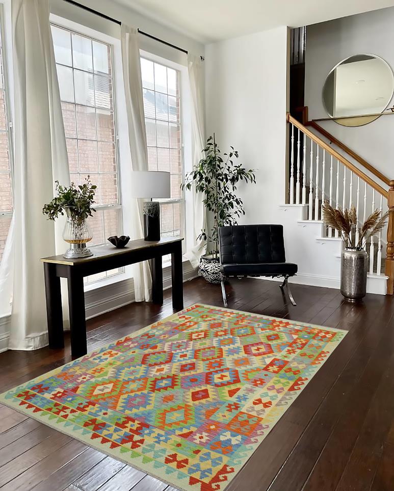 Flat Weave Kilim Antique Navaho Vintage handmade Geometric Kilim Rust Blue Hand-Woven Rectangle 100% Wool Area Rug 6x8 