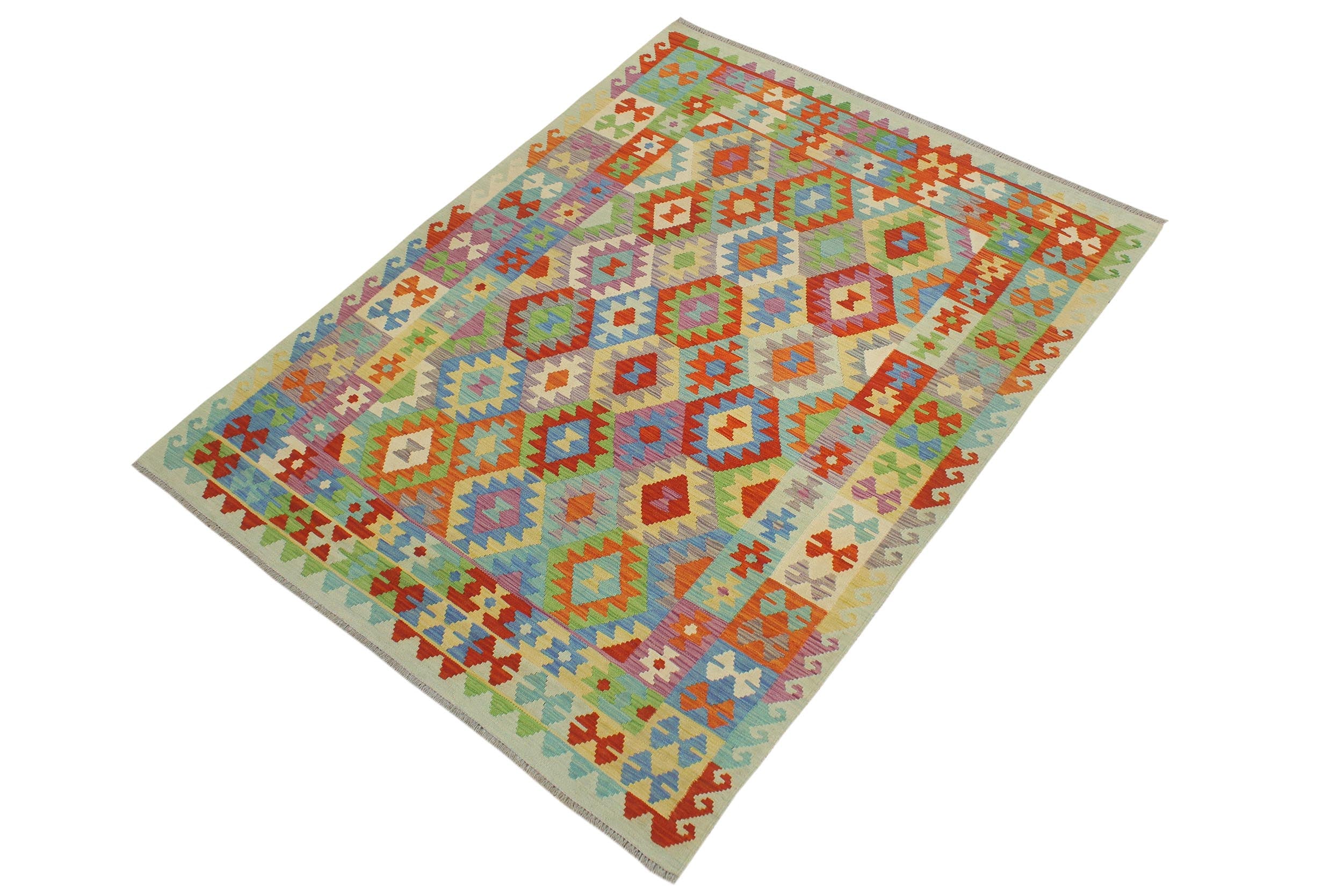handmade Geometric Kilim Rust Blue Hand-Woven RECTANGLE 100% WOOL area rug 6 x 8