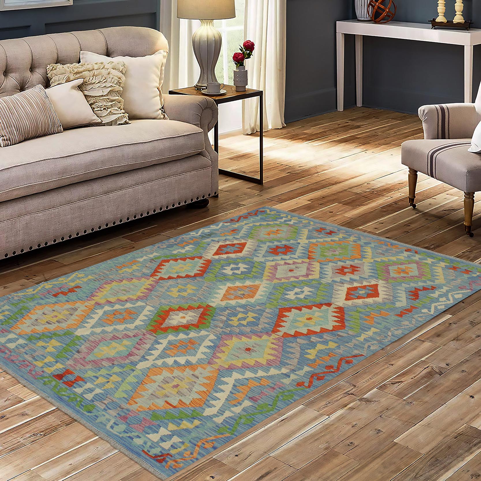 handmade Geometric Kilim Blue Rust Hand-Woven RECTANGLE 100% WOOL area rug 5 x 7