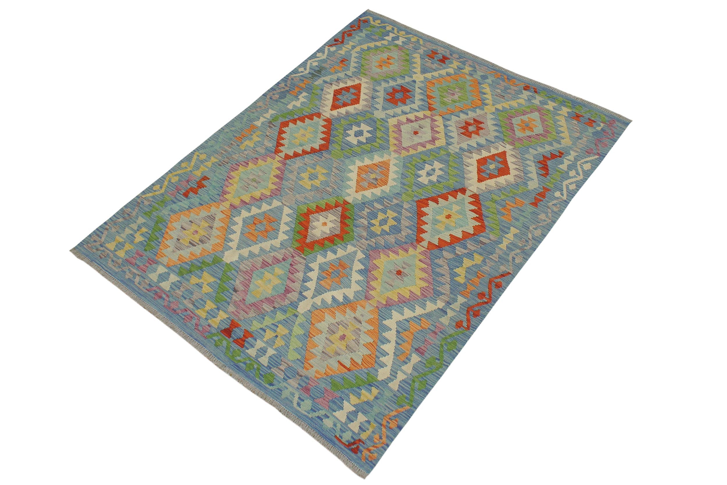handmade Geometric Kilim Blue Rust Hand-Woven RECTANGLE 100% WOOL area rug 5 x 7