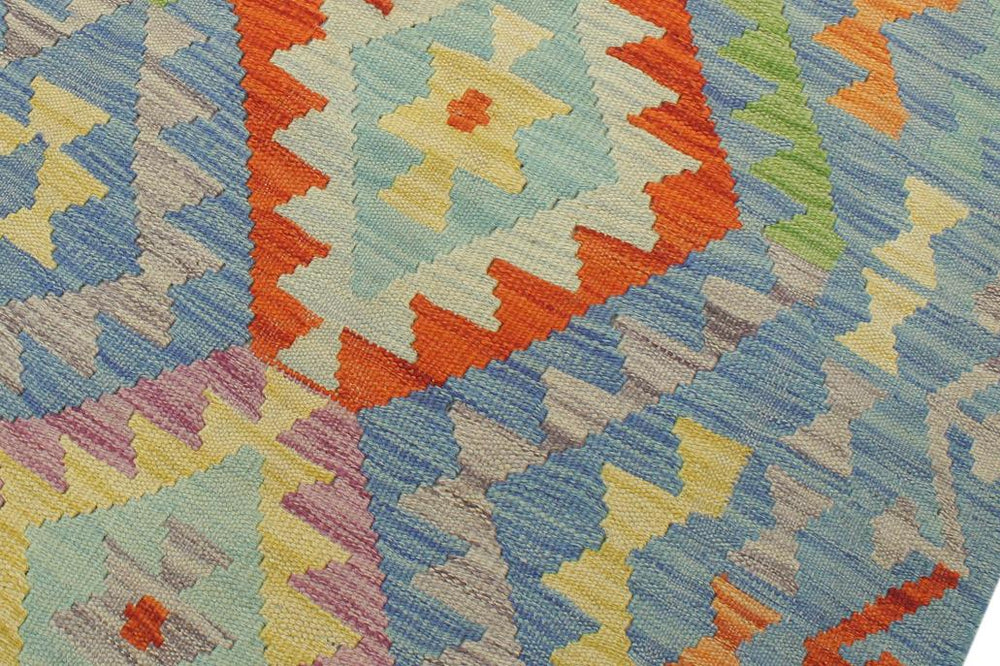 Flat Weave Kilim Antique Navaho Vintage handmade Geometric Kilim Blue Rust Hand-Woven Rectangle 100% Wool Area Rug 5x7 