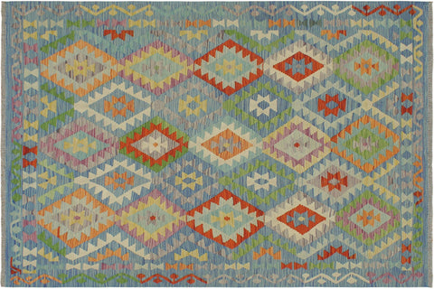 handmade Geometric Kilim Blue Rust Hand-Woven RECTANGLE 100% WOOL area rug 5 x 7