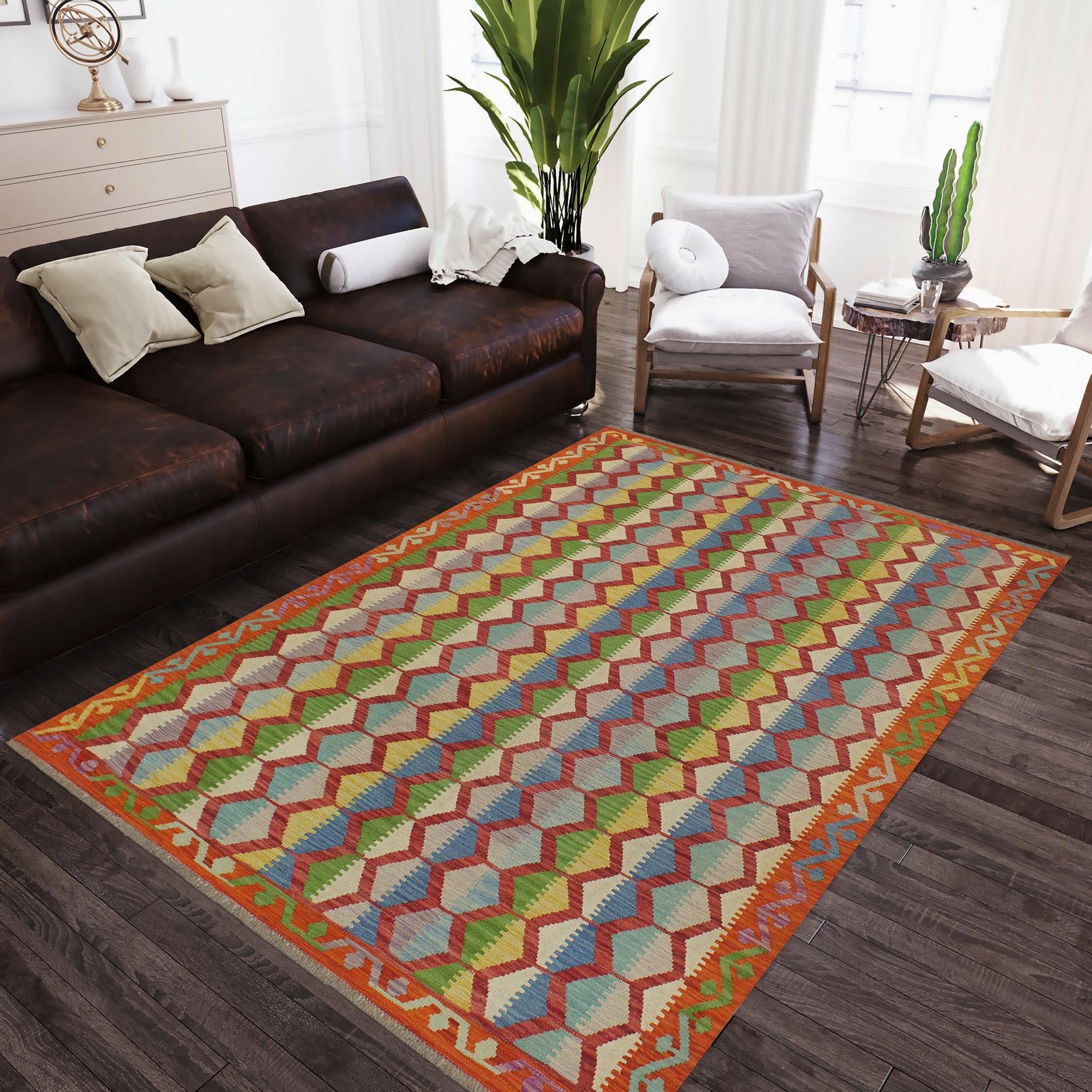 handmade Modern Kilim Blue Rust Hand-Woven RECTANGLE 100% WOOL area rug 5x8
