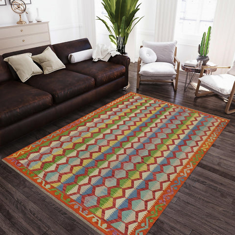 handmade Modern Kilim Blue Rust Hand-Woven RECTANGLE 100% WOOL area rug 5x8