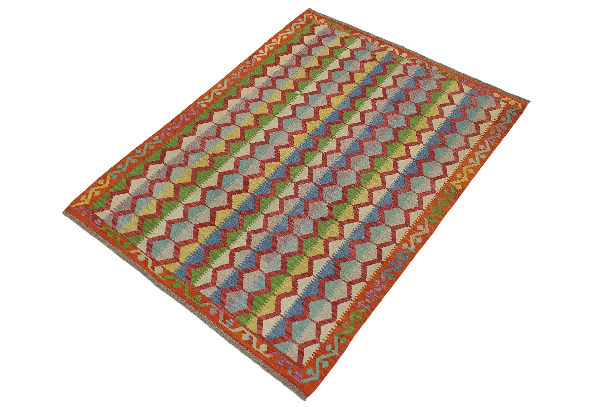 handmade Modern Kilim Blue Rust Hand-Woven RECTANGLE 100% WOOL area rug 5x8