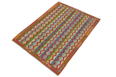 handmade Modern Kilim Blue Rust Hand-Woven RECTANGLE 100% WOOL area rug 5x8