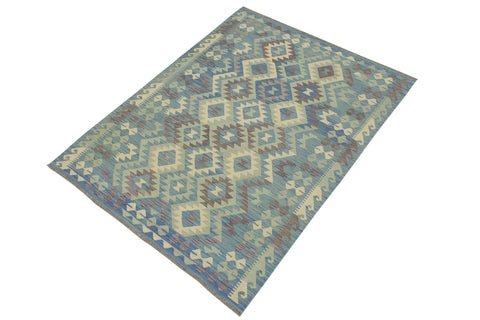 handmade Geometric Kilim Blue Beige Hand-Woven RECTANGLE 100% WOOL area rug 5x6