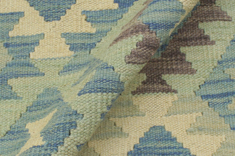 handmade Geometric Kilim Blue Beige Hand-Woven RECTANGLE 100% WOOL area rug 5x6