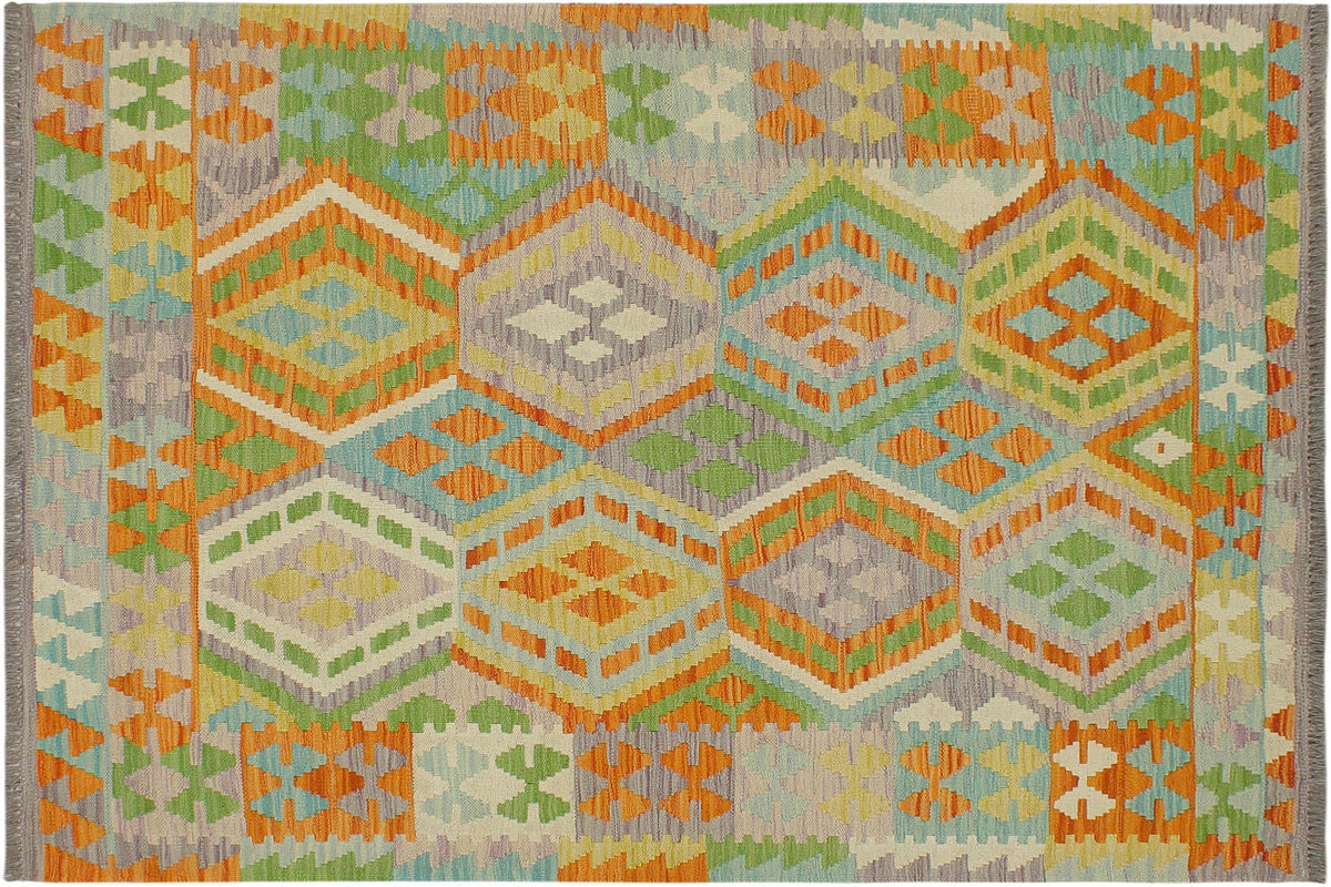 handmade Geometric Kilim Orange Blue Hand-Woven RECTANGLE 100% WOOL area rug 4 x 5