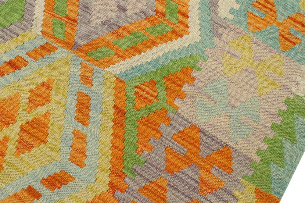 Flat Weave Kilim Antique Navaho Vintage handmade Geometric Kilim Orange Blue Hand-Woven Rectangle 100% Wool Area Rug 4x5 