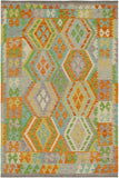 Flat Weave Kilim Antique Navaho Vintage handmade Geometric Kilim Orange Blue Hand-Woven Rectangle 100% Wool Area Rug 4x5 