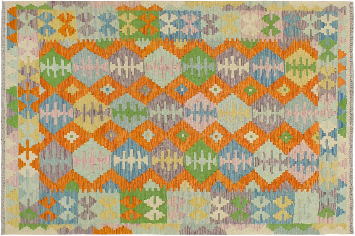 handmade Geometric Kilim Orange Blue Hand-Woven RECTANGLE 100% WOOL area rug 4 x 6