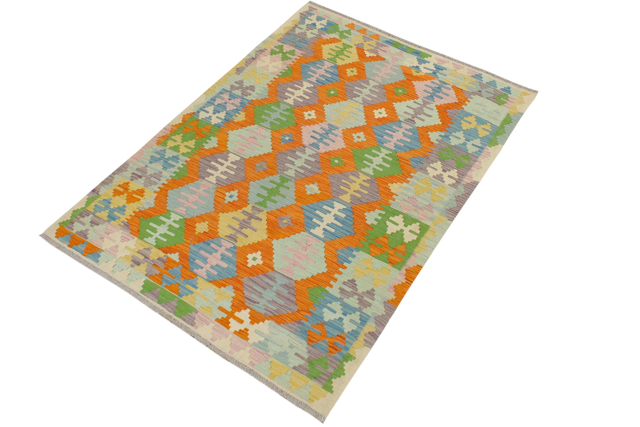 handmade Geometric Kilim Orange Blue Hand-Woven RECTANGLE 100% WOOL area rug 4 x 6