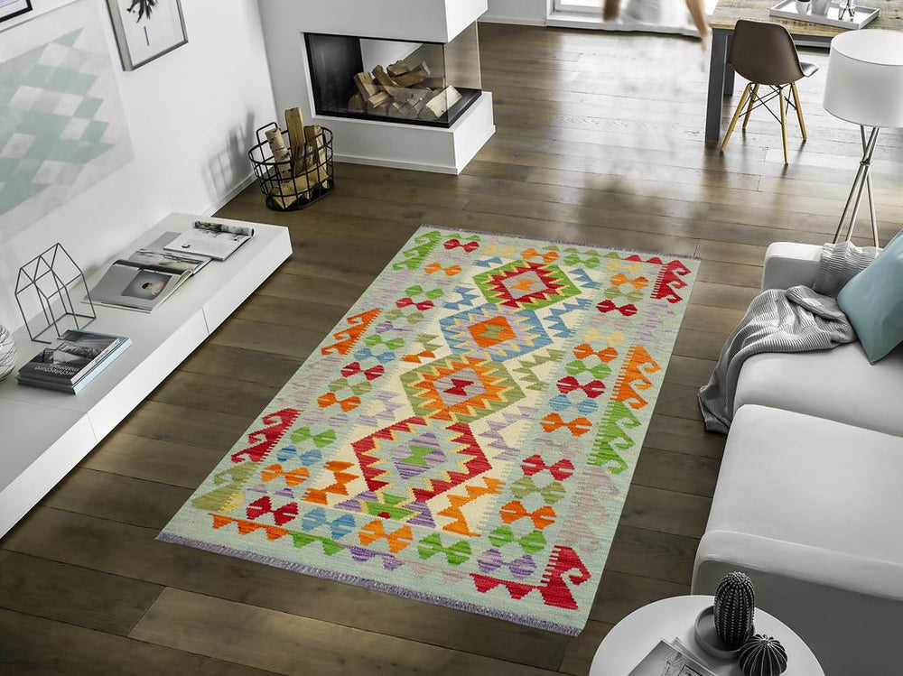 Flat Weave Kilim Antique Navaho Vintage handmade Geometric Kilim Beige Blue Hand-Woven Rectangle 100% Wool Area Rug 3x5 