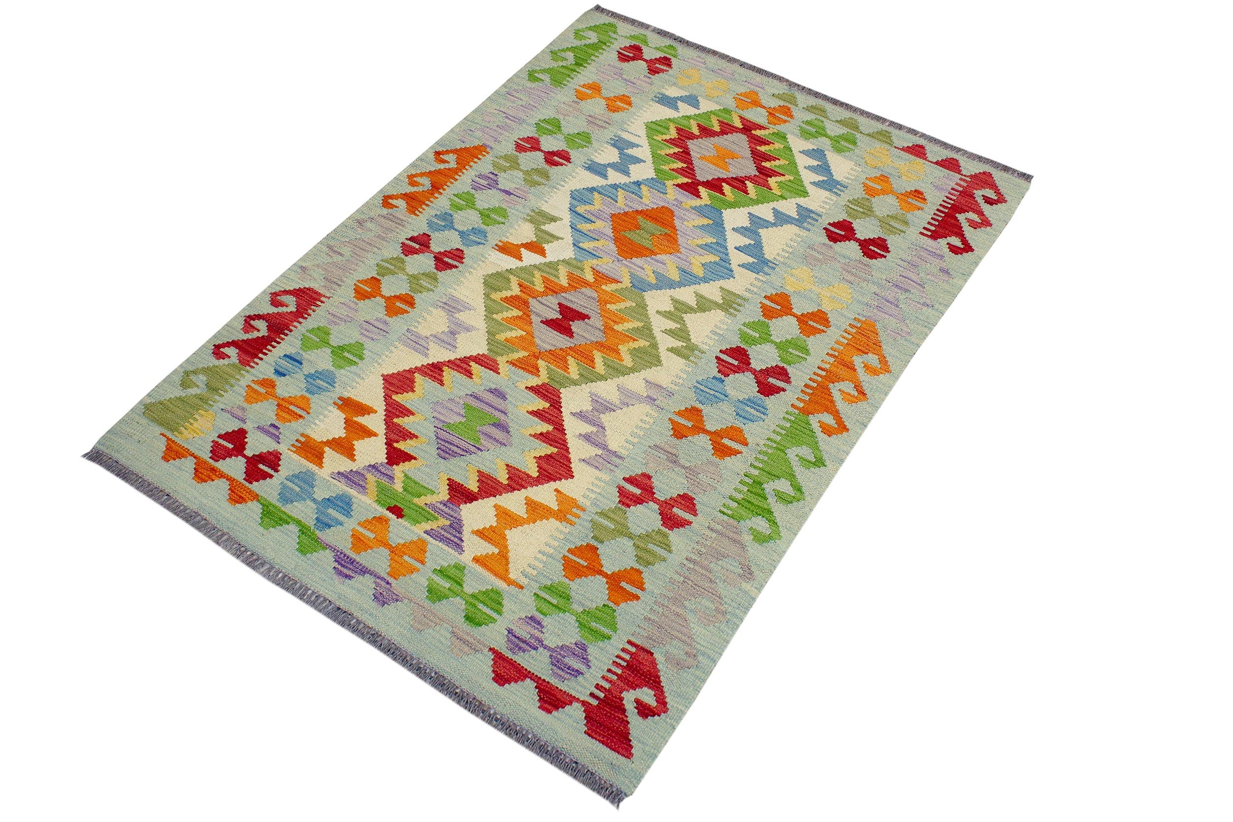handmade Geometric Kilim Beige Blue Hand-Woven RECTANGLE 100% WOOL area rug 3' x 5'