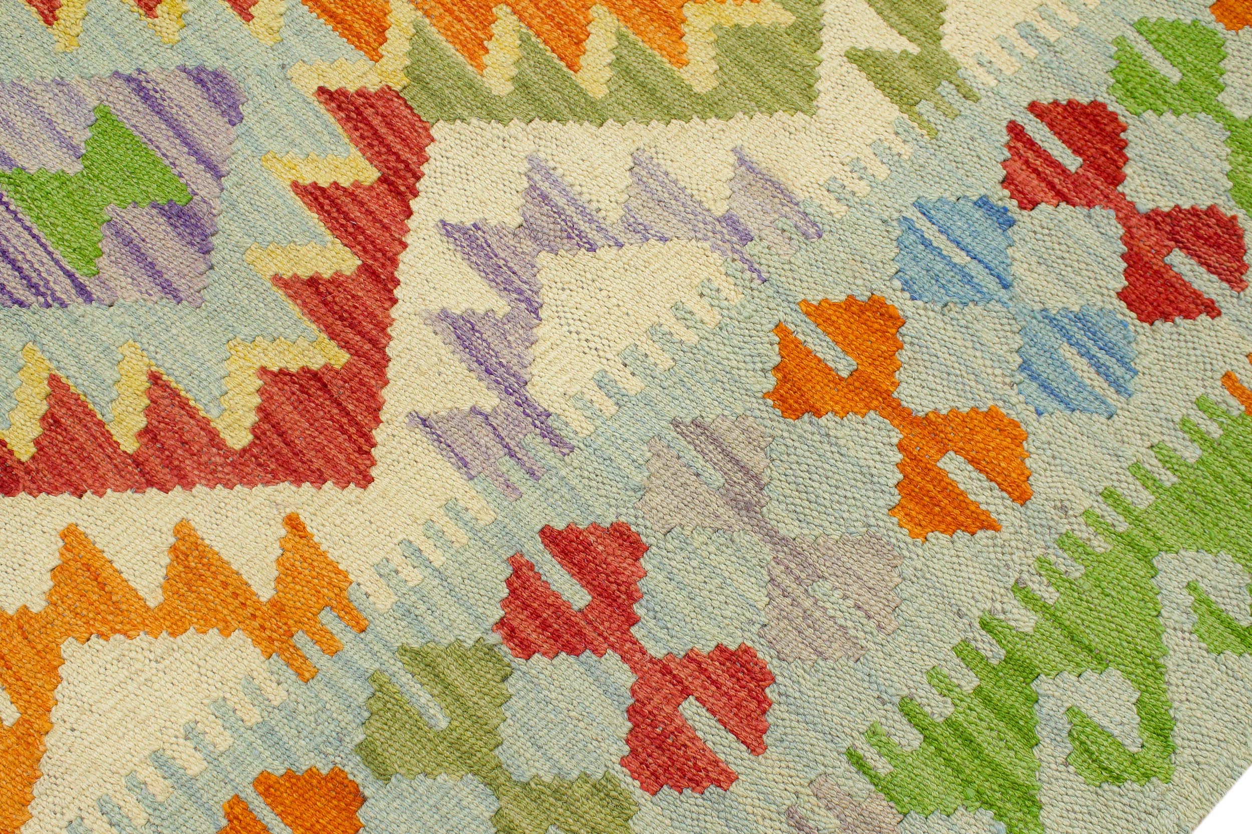 handmade Geometric Kilim Beige Blue Hand-Woven RECTANGLE 100% WOOL area rug 3' x 5'