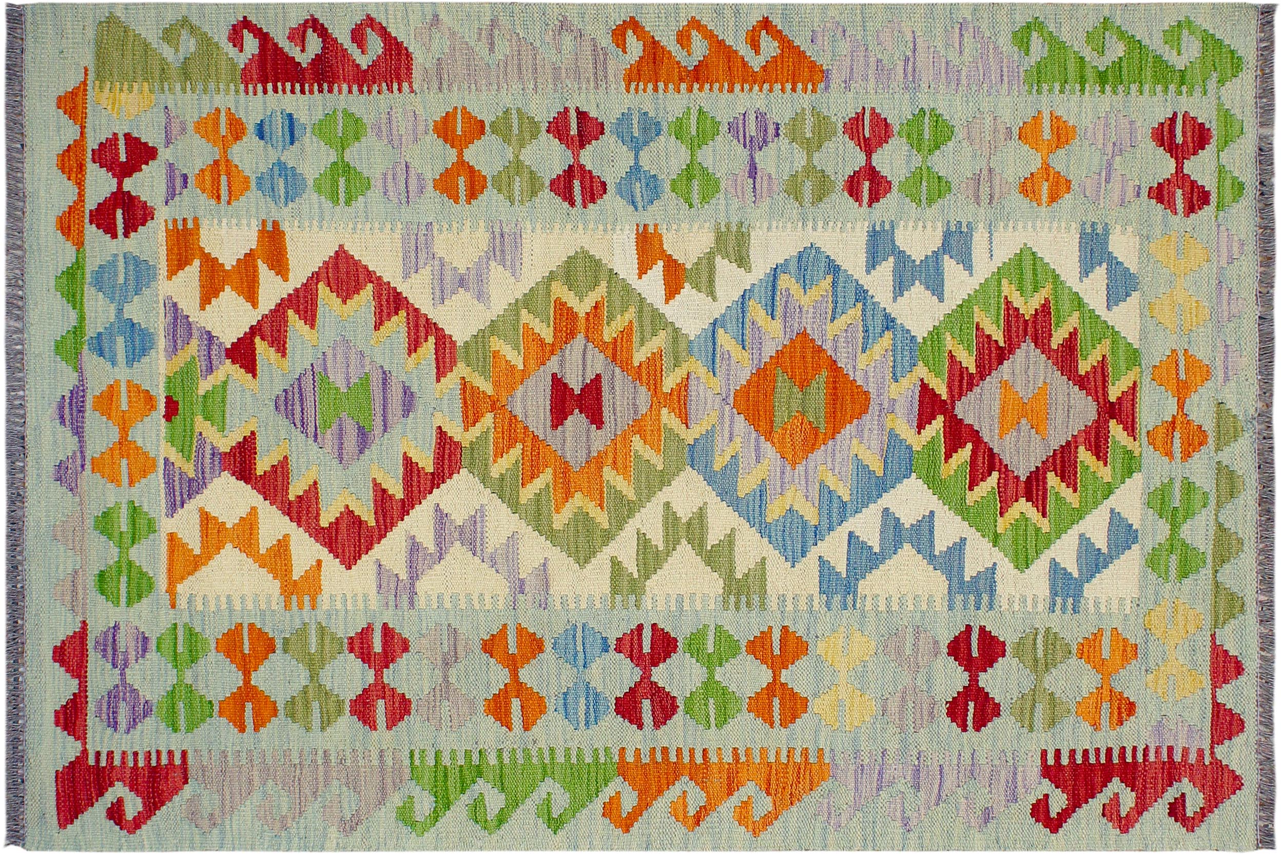 handmade Geometric Kilim Beige Blue Hand-Woven RECTANGLE 100% WOOL area rug 3' x 5'