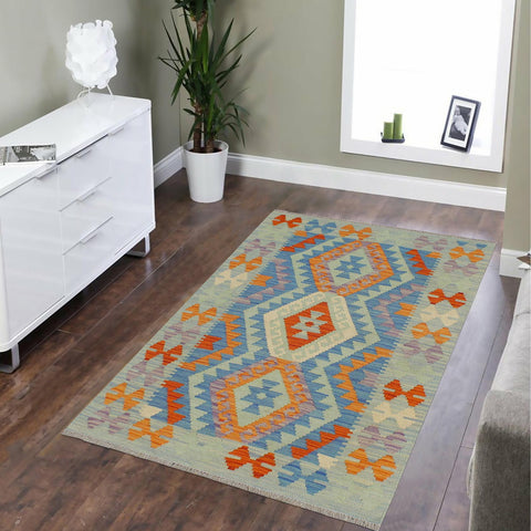 handmade Geometric Kilim Blue Rust Hand-Woven RECTANGLE 100% WOOL area rug 3' x 4'