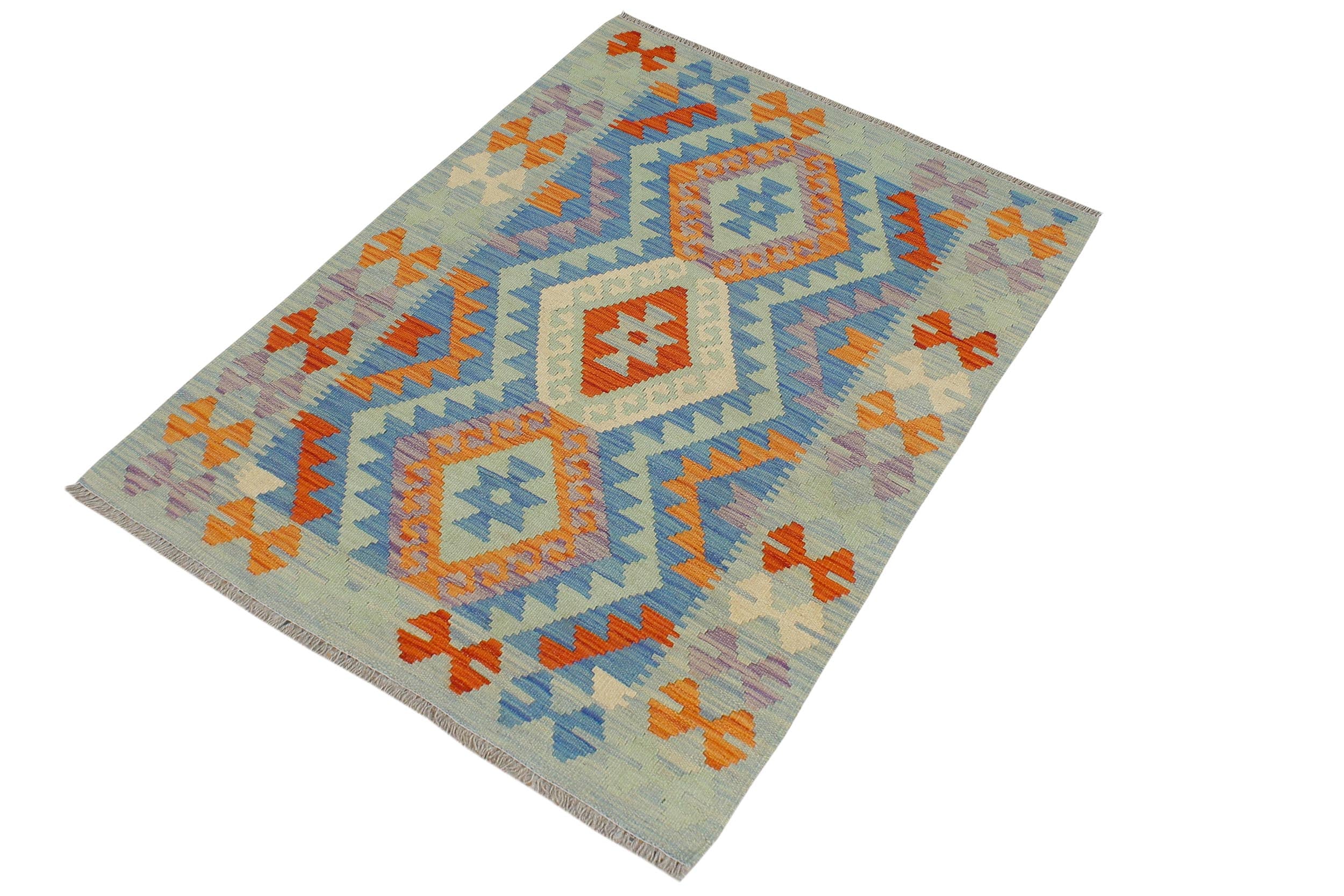 handmade Geometric Kilim Blue Rust Hand-Woven RECTANGLE 100% WOOL area rug 3' x 4'