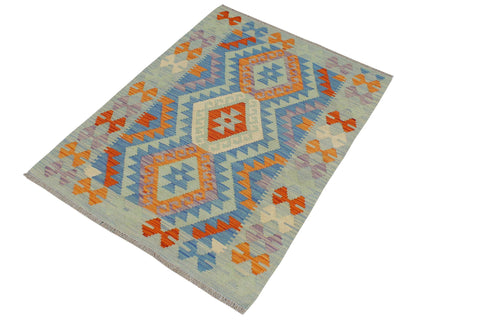 handmade Geometric Kilim Blue Rust Hand-Woven RECTANGLE 100% WOOL area rug 3' x 4'