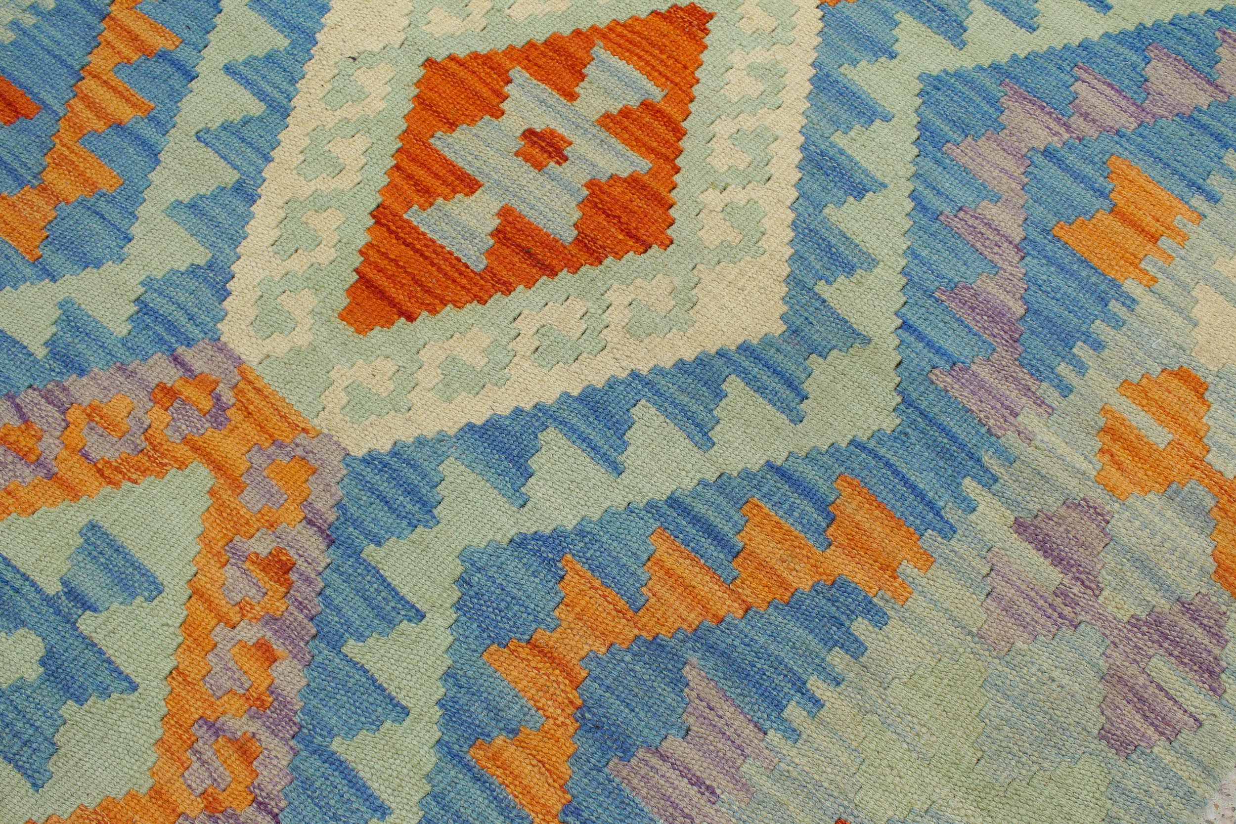 handmade Geometric Kilim Blue Rust Hand-Woven RECTANGLE 100% WOOL area rug 3' x 4'