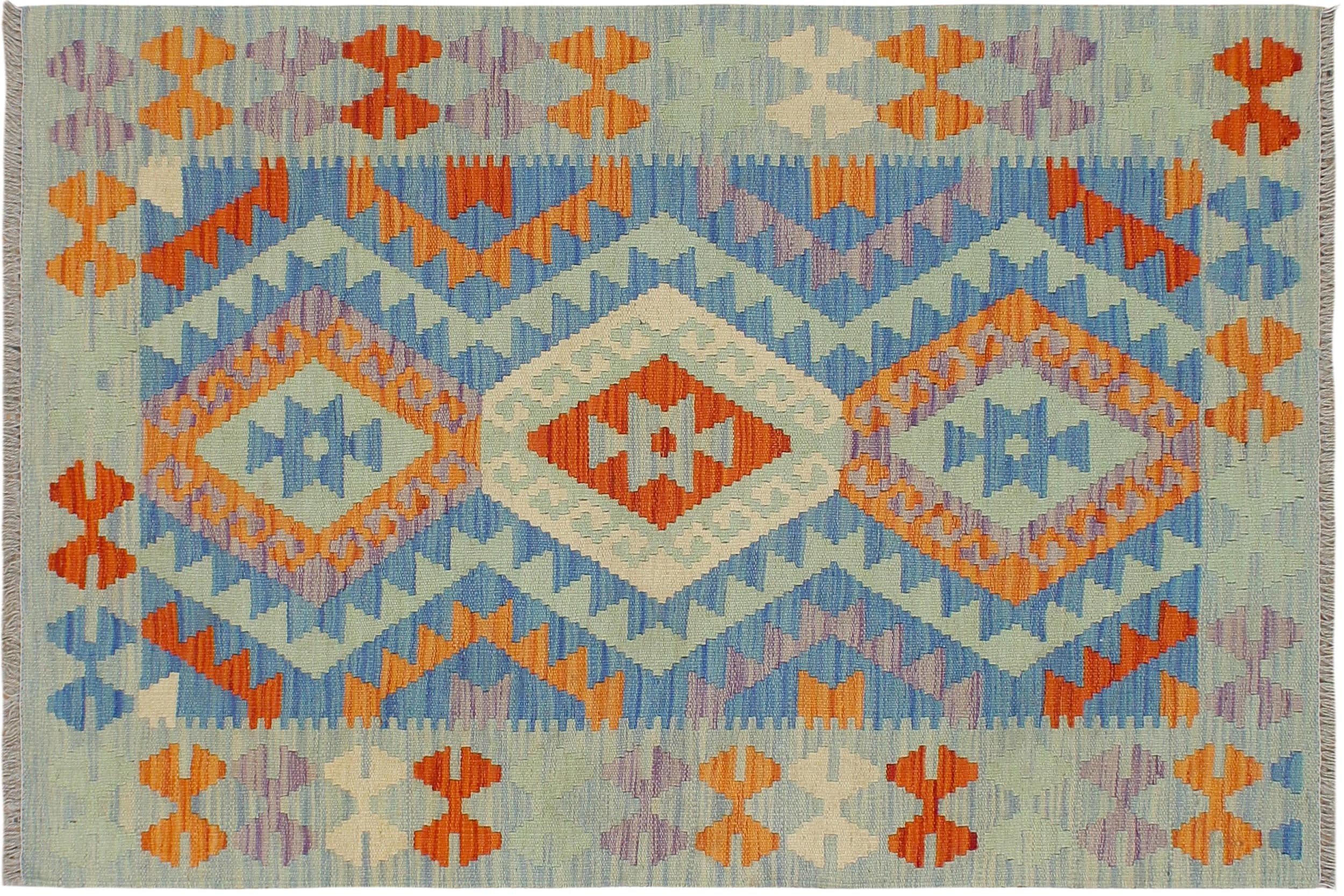 handmade Geometric Kilim Blue Rust Hand-Woven RECTANGLE 100% WOOL area rug 3' x 4'