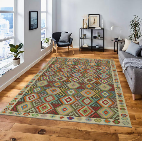 handmade Geometric Kilim Brown Beige Hand-Woven RECTANGLE 100% WOOL area rug 9 x 12