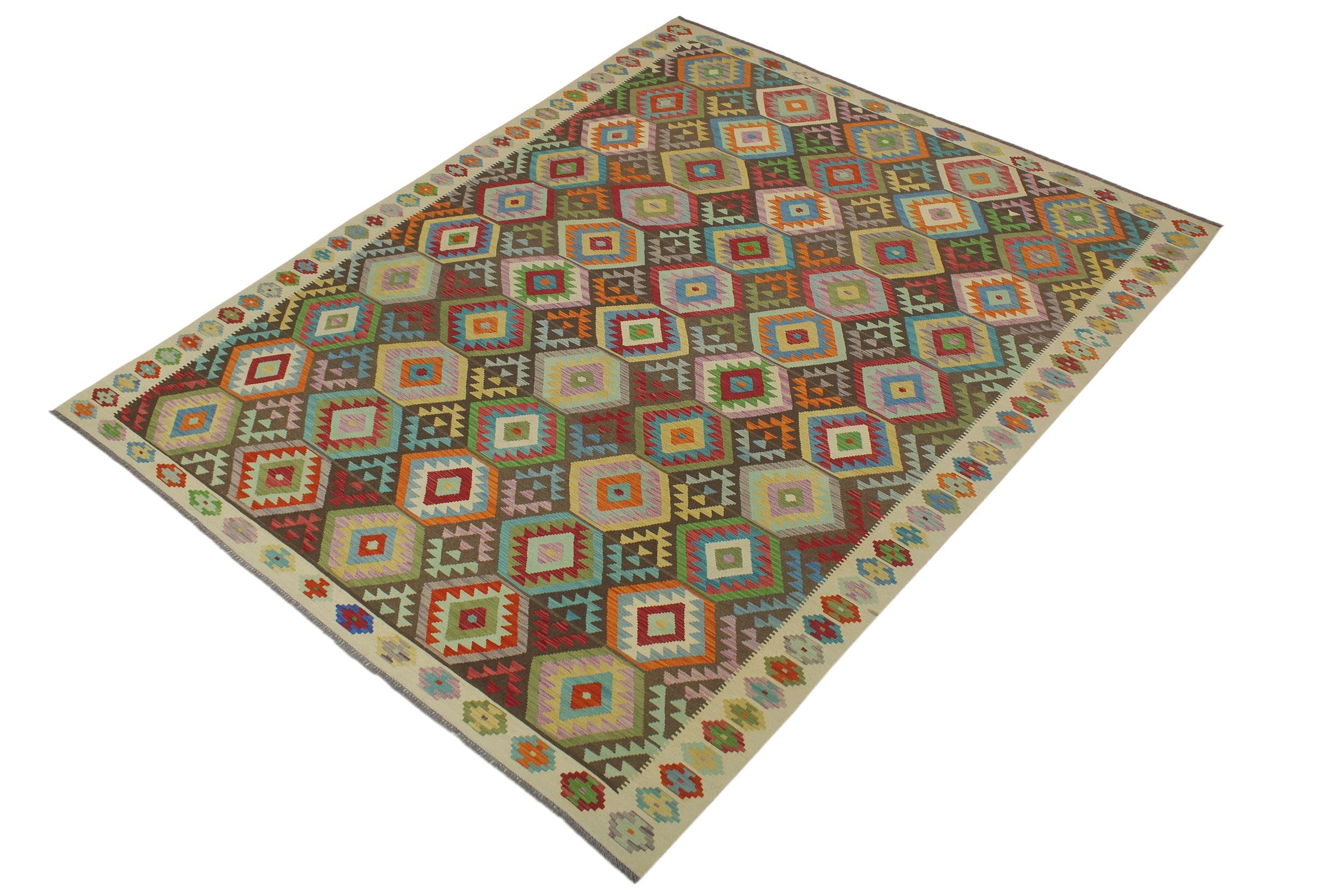 handmade Geometric Kilim Brown Beige Hand-Woven RECTANGLE 100% WOOL area rug 9 x 12