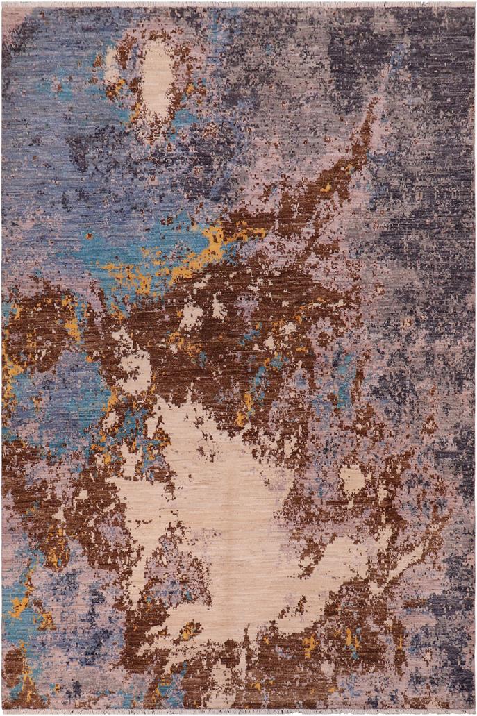 handmade Modern Modern Blue Tan Hand Knotted RECTANGLE WOOL&SILK area rug 8X10