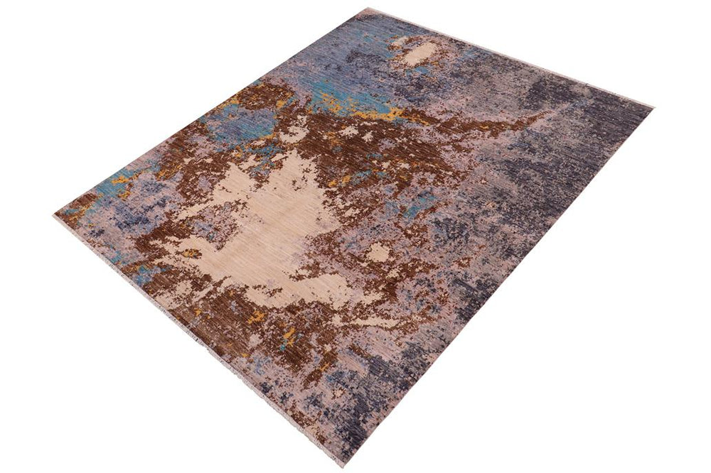 handmade Modern Modern Blue Tan Hand Knotted RECTANGLE WOOL&SILK area rug 8X10