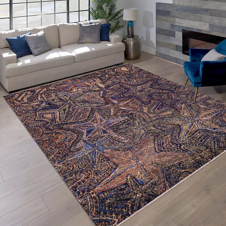 handmade Modern Modern Blue Orange Hand Knotted RECTANGLE WOOL&SILK area rug 9X12