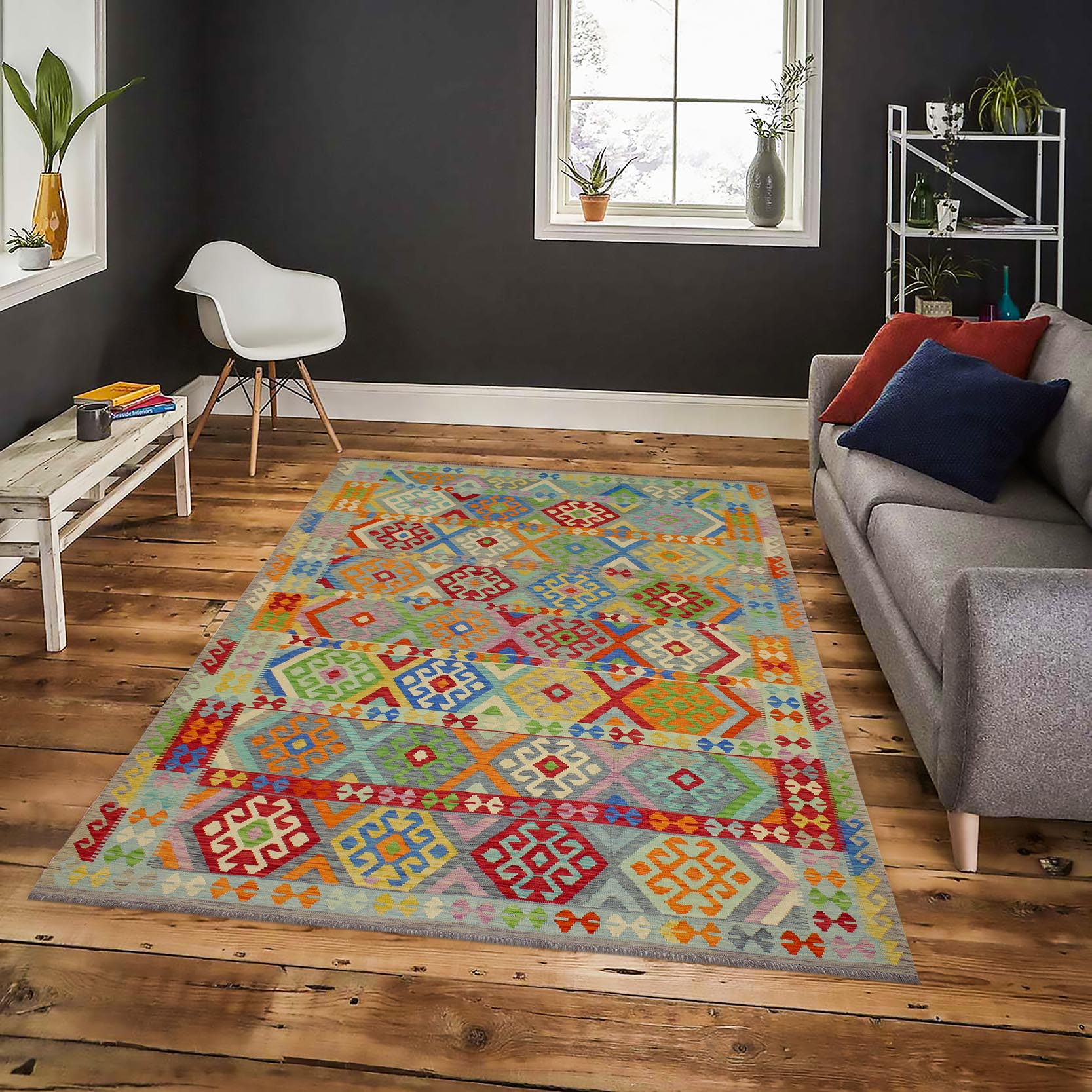 handmade Geometric Kilim Blue Red Hand-Woven RECTANGLE 100% WOOL area rug 8 x 11