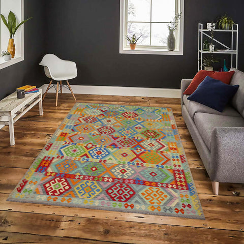 handmade Geometric Kilim Blue Red Hand-Woven RECTANGLE 100% WOOL area rug 8 x 11