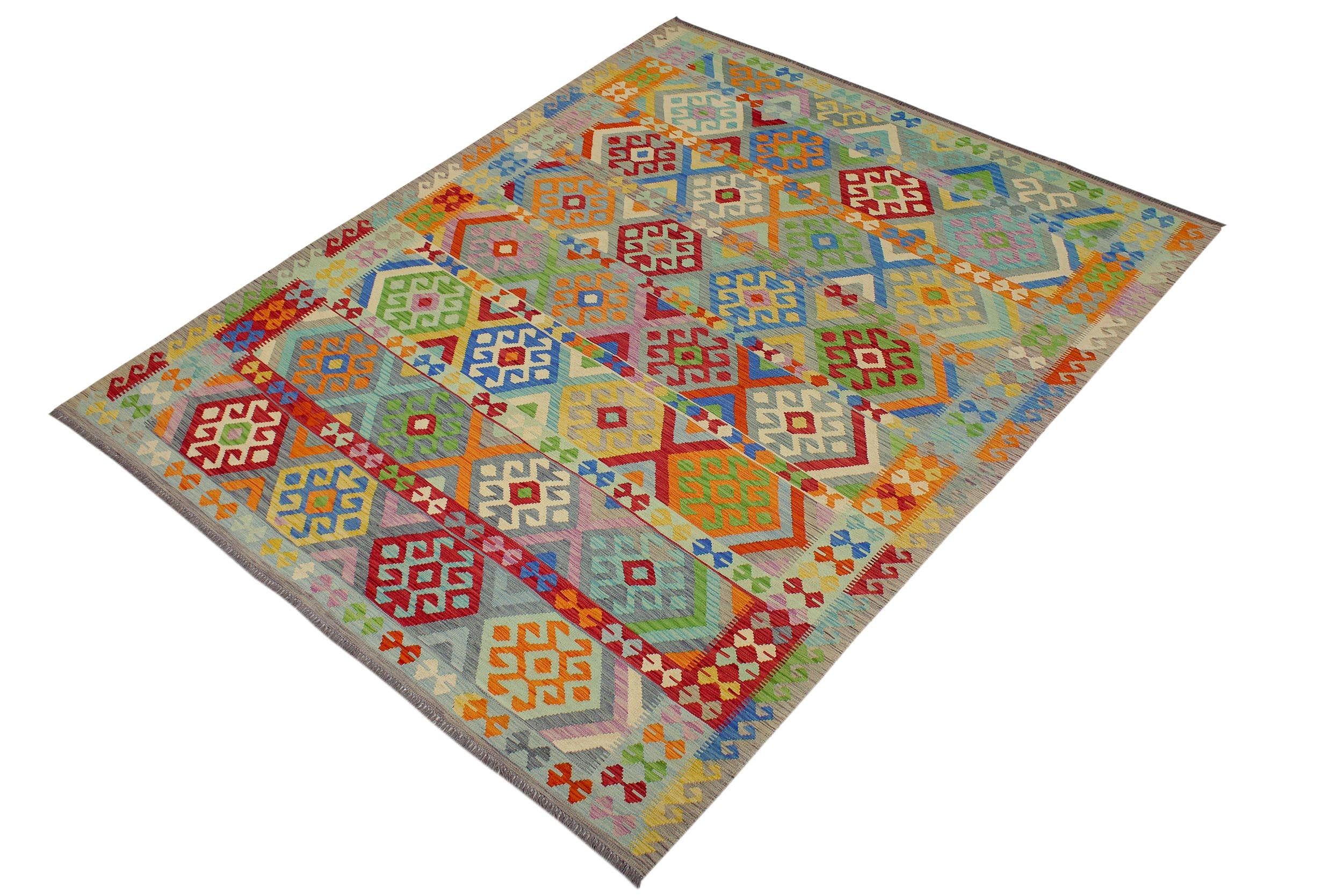 handmade Geometric Kilim Blue Red Hand-Woven RECTANGLE 100% WOOL area rug 8 x 11