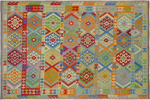 handmade Geometric Kilim Blue Red Hand-Woven RECTANGLE 100% WOOL area rug 8 x 11