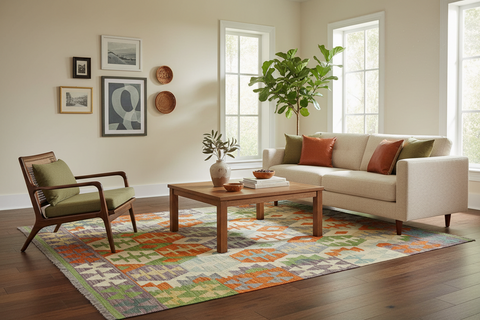 handmade Geometric Kilim Orange Purple Hand-Woven RECTANGLE 100% WOOL area rug 4 x 6