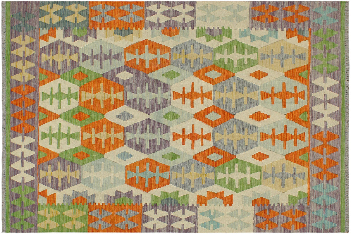 handmade Geometric Kilim Orange Purple Hand-Woven RECTANGLE 100% WOOL area rug 4 x 6